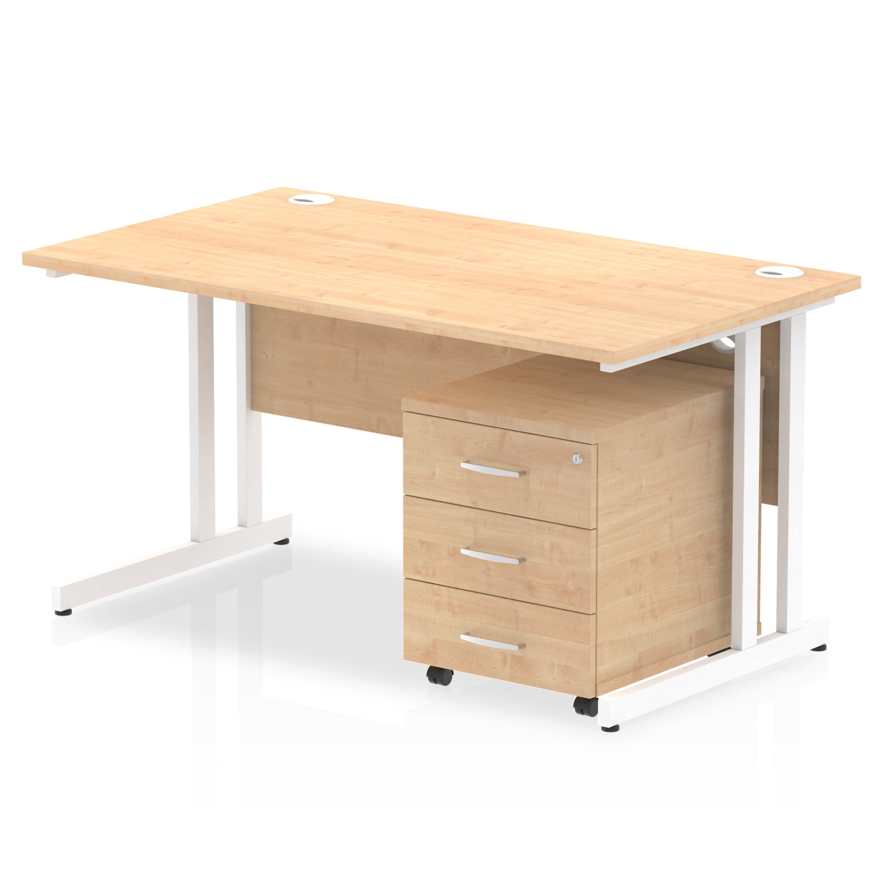 Wood-effect office desk with a matching pedestal unit and a metal frame on a white background