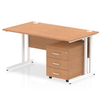 Wood-effect office desk with a matching pedestal unit and a metal frame on a white background
