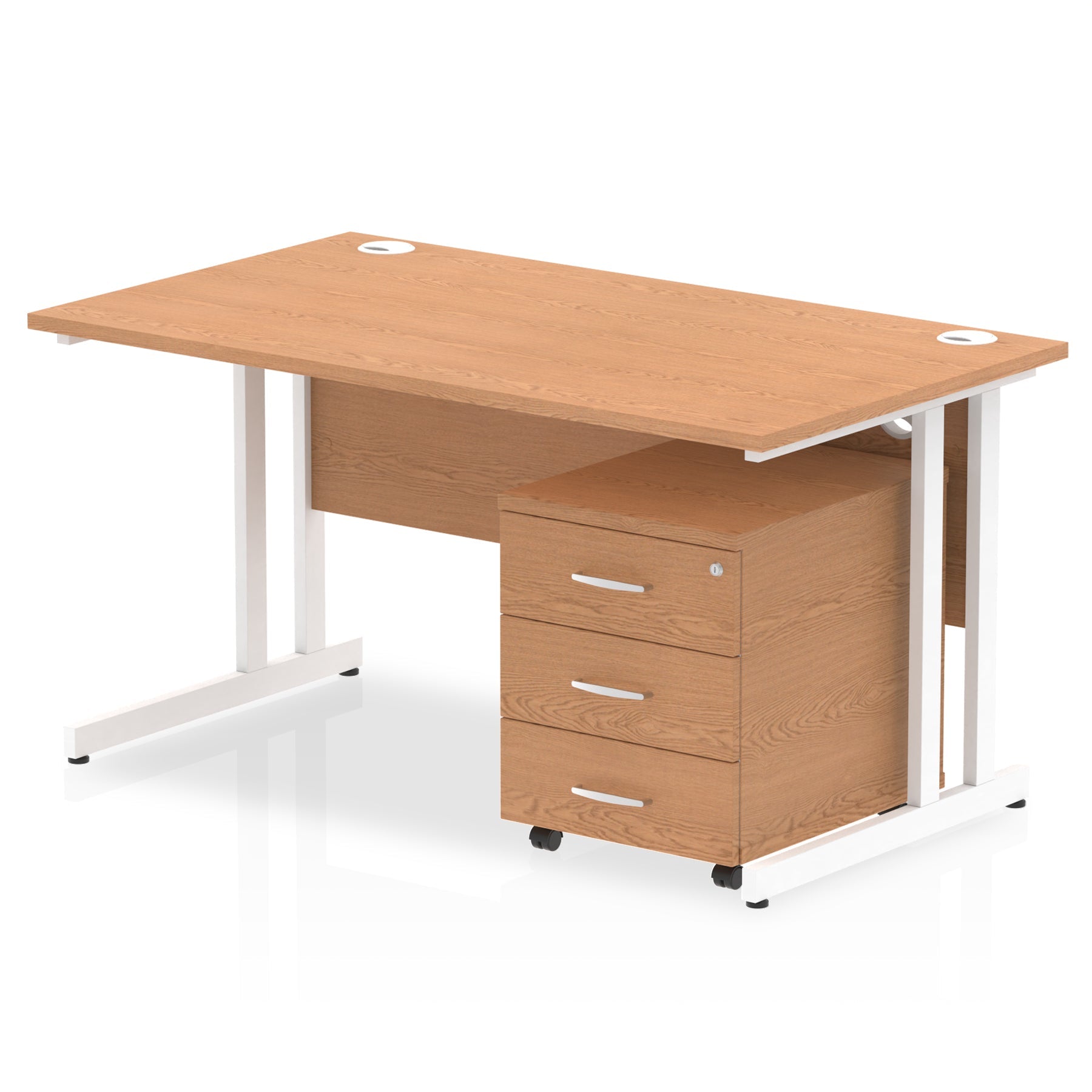 Wood-effect office desk with a matching pedestal unit and a metal frame on a white background