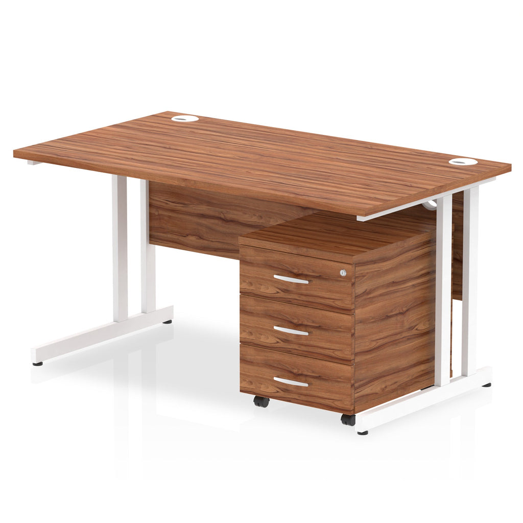Wood-effect office desk with a matching pedestal unit and a metal frame on a white background