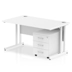 White office desk with a matching pedestal unit and a metal frame on a white background