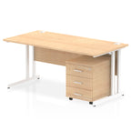 Wood-effect office desk with a matching pedestal unit and a metal frame on a white background
