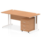 Wood-effect office desk with a matching pedestal unit and a metal frame on a white background