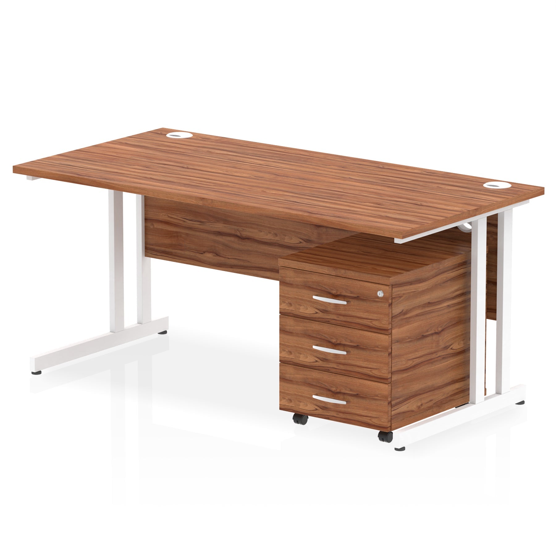 Wood-effect office desk with a matching pedestal unit and a metal frame on a white background