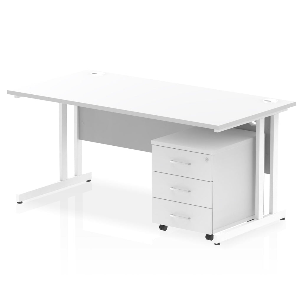 White office desk with a matching pedestal unit and a metal frame on a white background