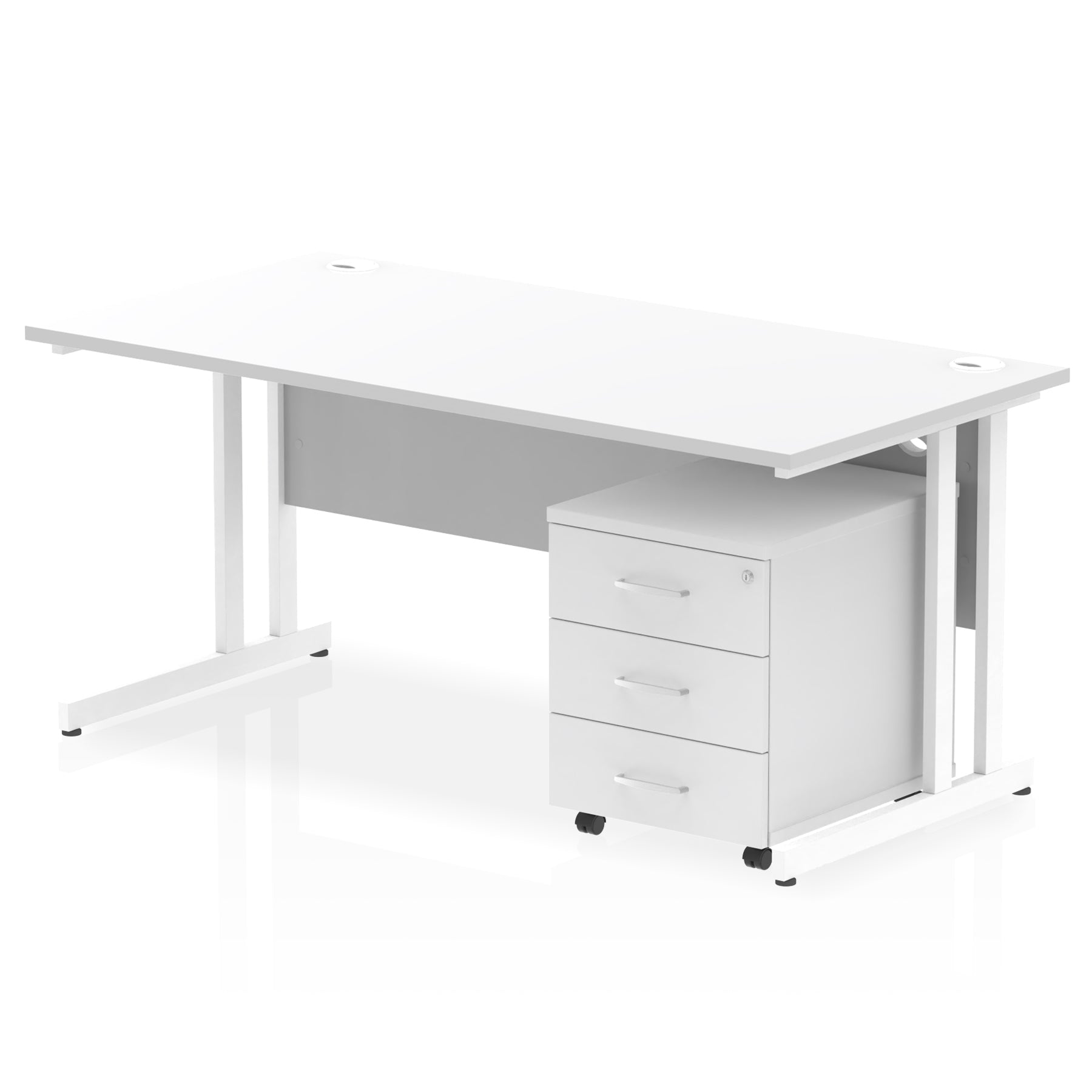 White office desk with a matching pedestal unit and a metal frame on a white background