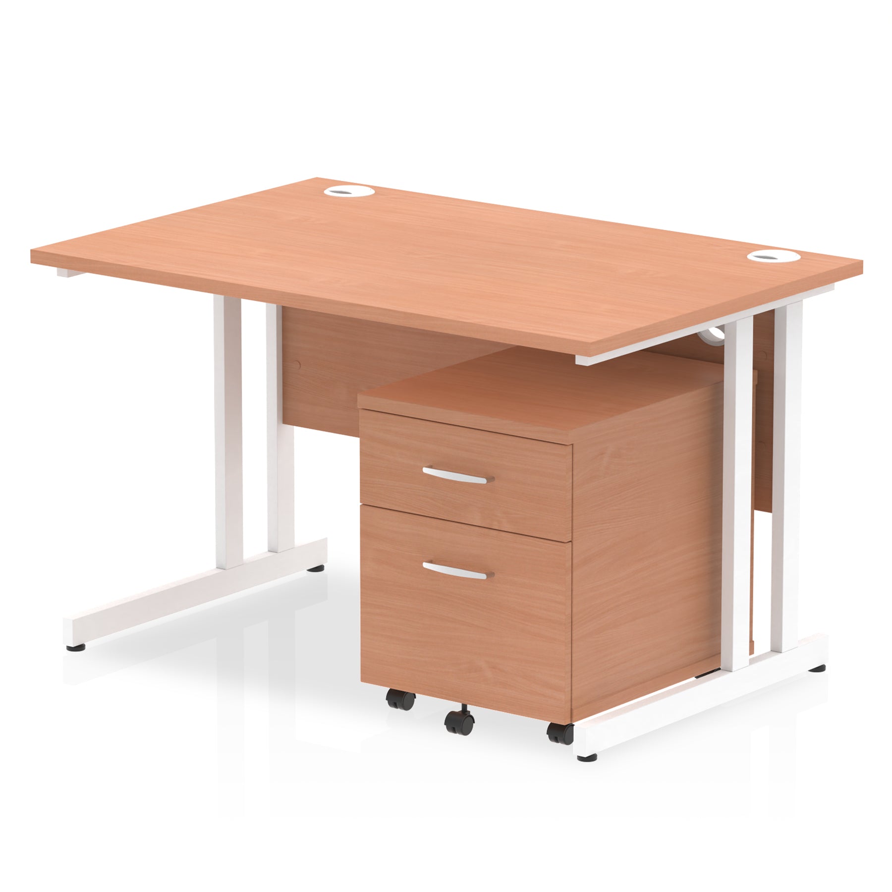 Wood-effect office desk with a matching pedestal unit and a metal frame on a white background