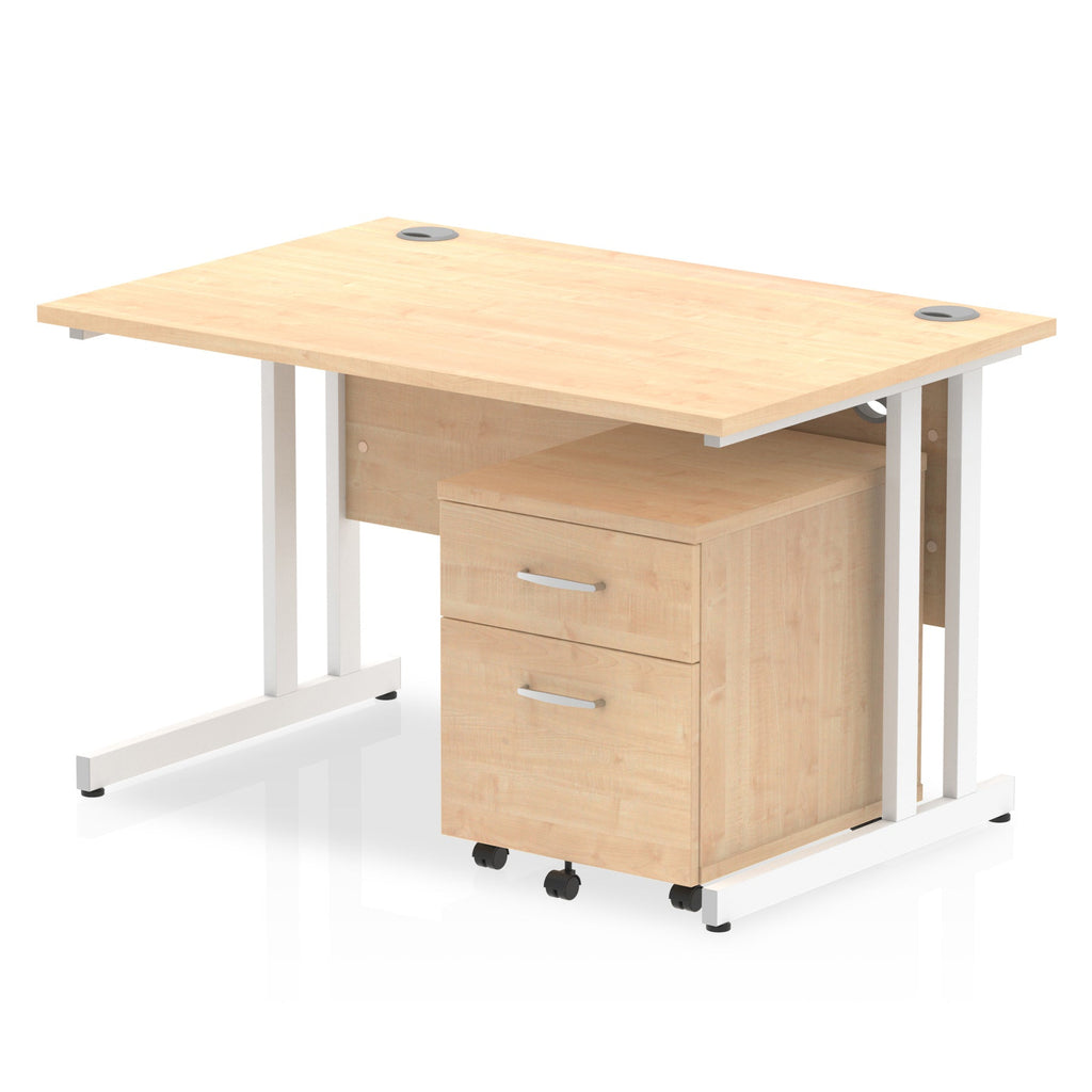Wood-effect office desk with a matching pedestal unit and a metal frame on a white background