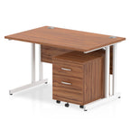Wood-effect office desk with a matching pedestal unit and a metal frame on a white background