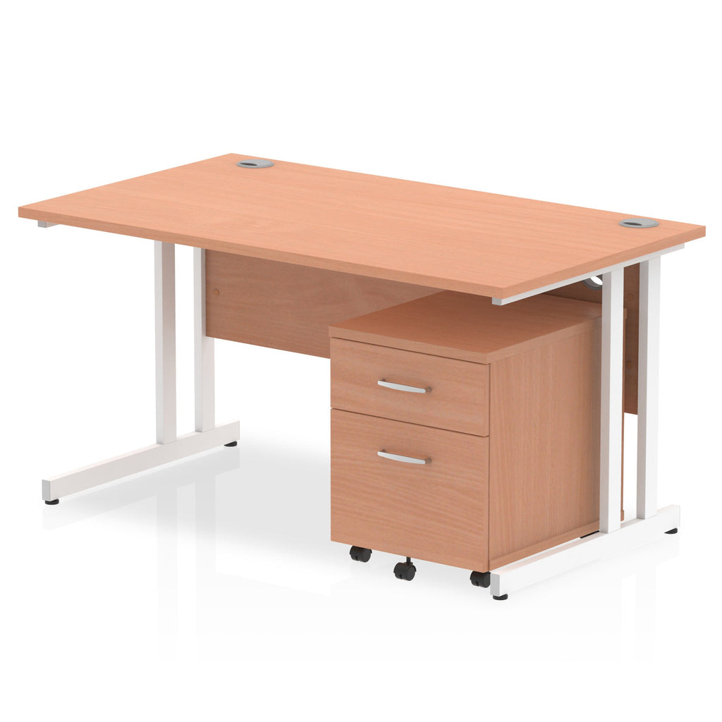 Wood-effect office desk with a matching pedestal unit and a metal frame on a white background