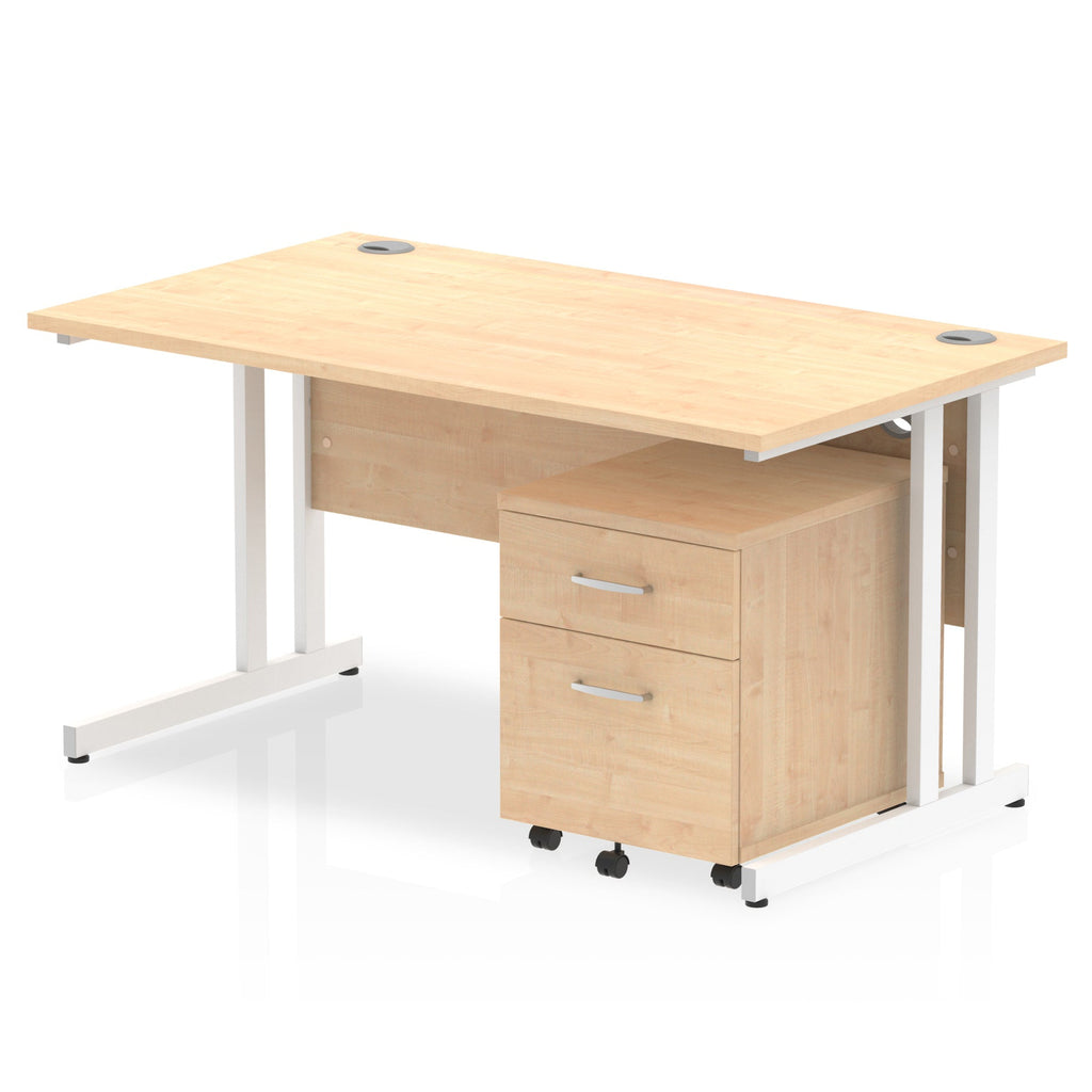 Wood-effect office desk with a matching pedestal unit and a metal frame on a white background