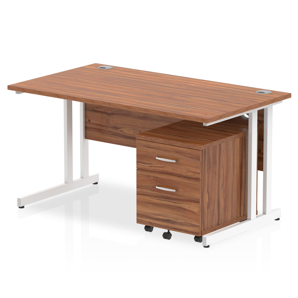 Wood-effect office desk with a matching pedestal unit and a metal frame on a white background