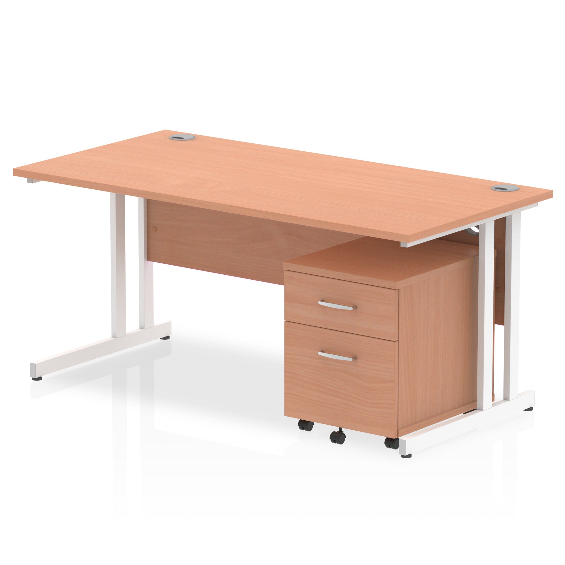 Wood-effect office desk with a matching pedestal unit and a metal frame on a white background