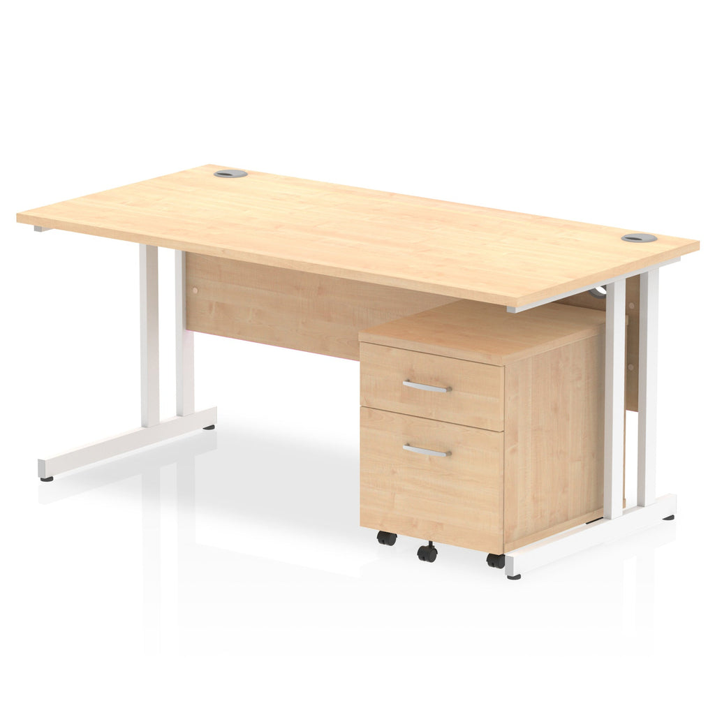 Wood-effect office desk with a matching pedestal unit and a metal frame on a white background