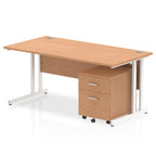 Wood-effect office desk with a matching pedestal unit and a metal frame on a white background