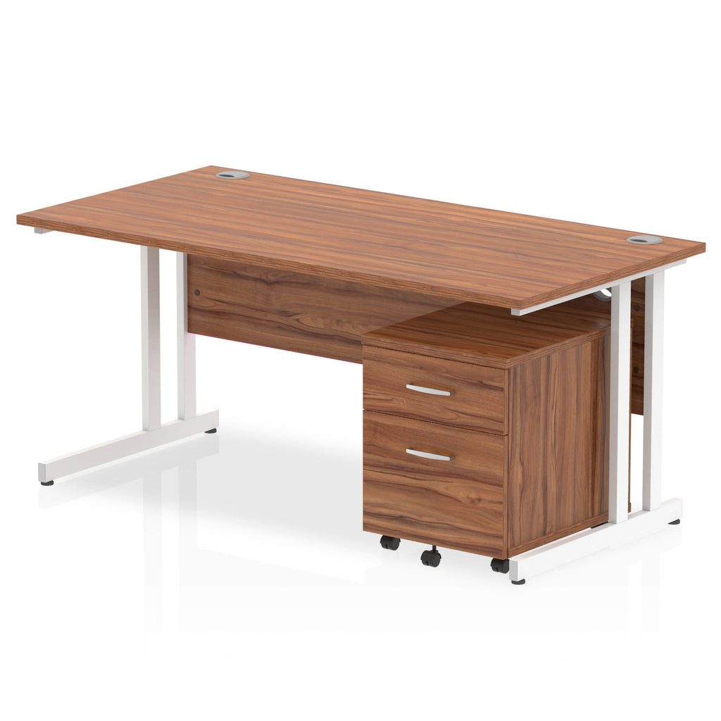 Wood-effect office desk with a matching pedestal unit and a metal frame on a white background
