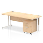 Wood-effect office desk with a matching pedestal unit and a metal frame on a white background