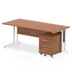 Wood-effect office desk with a matching pedestal unit and a metal frame on a white background