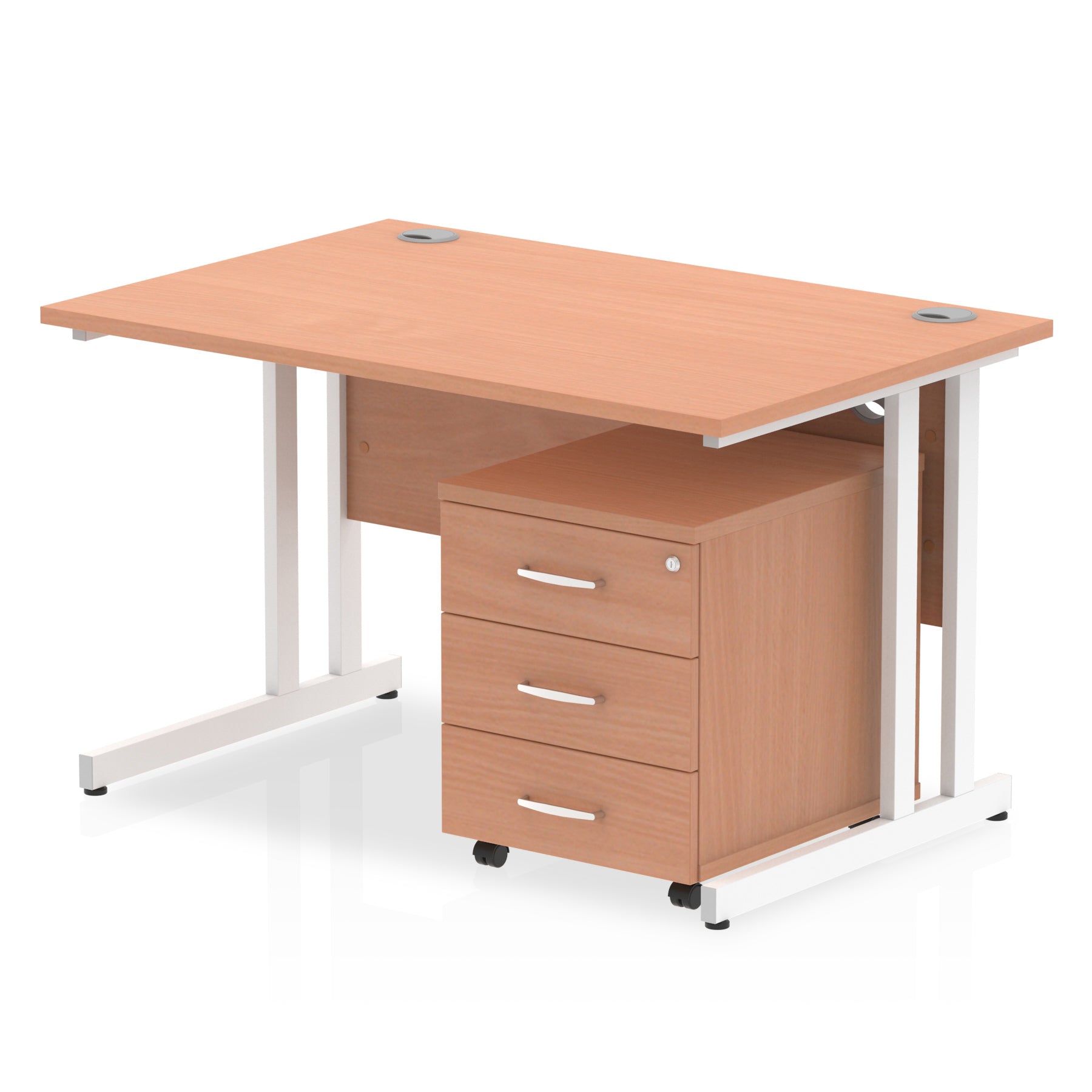 Wood-effect office desk with a matching pedestal unit and a metal frame on a white background