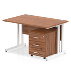 Wood-effect office desk with a matching pedestal unit and a metal frame on a white background