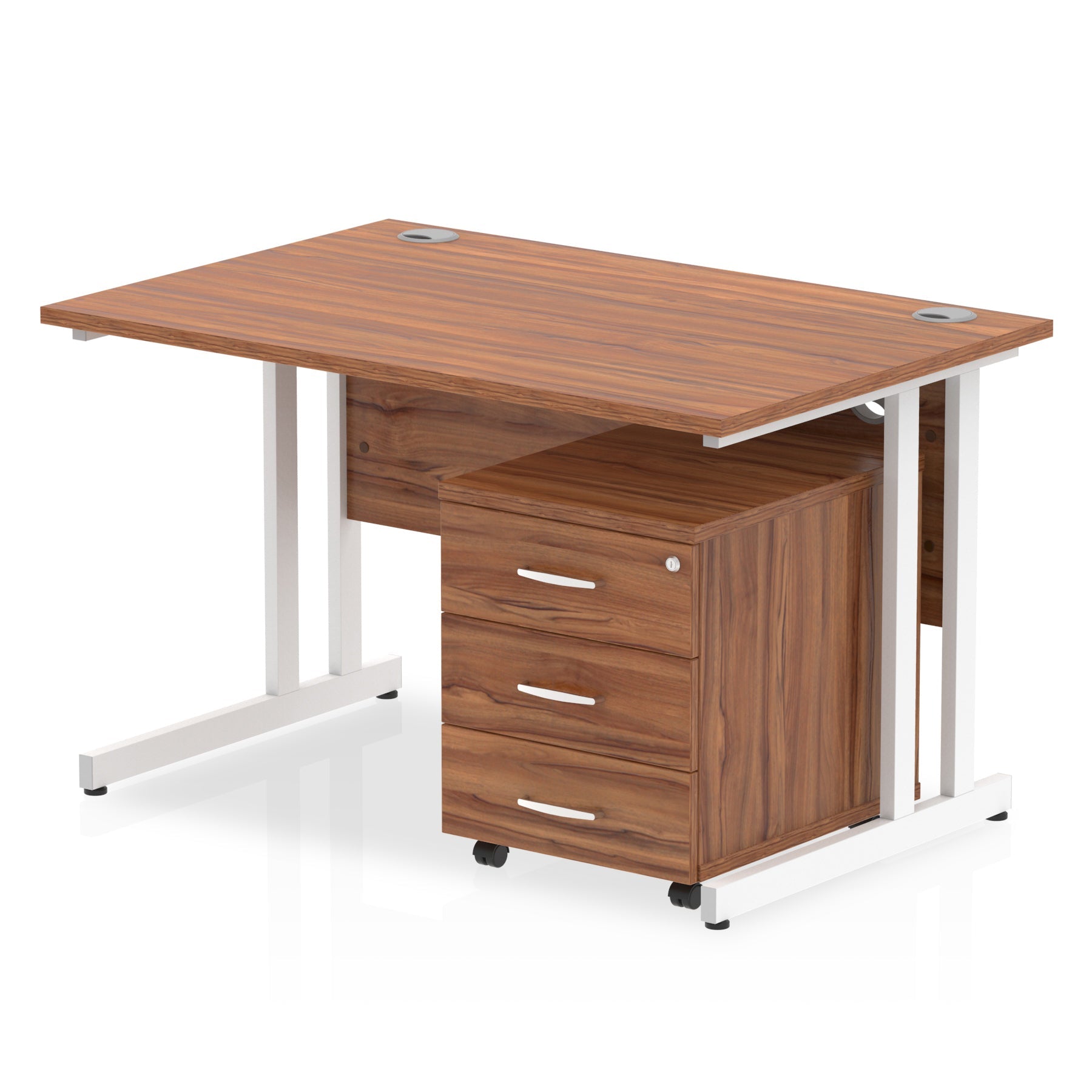 Wood-effect office desk with a matching pedestal unit and a metal frame on a white background