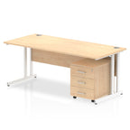 Wood-effect office desk with a matching pedestal unit and a metal frame on a white background