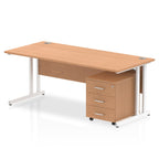 Wood-effect office desk with a matching pedestal unit and a metal frame on a white background