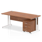 Wood-effect office desk with a matching pedestal unit and a metal frame on a white background