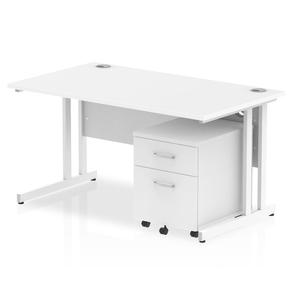White office desk with a matching pedestal unit and a metal frame on a white background