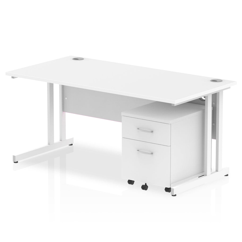 White office desk with a matching pedestal unit and a metal frame on a white background