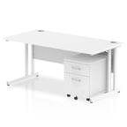 White office desk with a matching pedestal unit and a metal frame on a white background