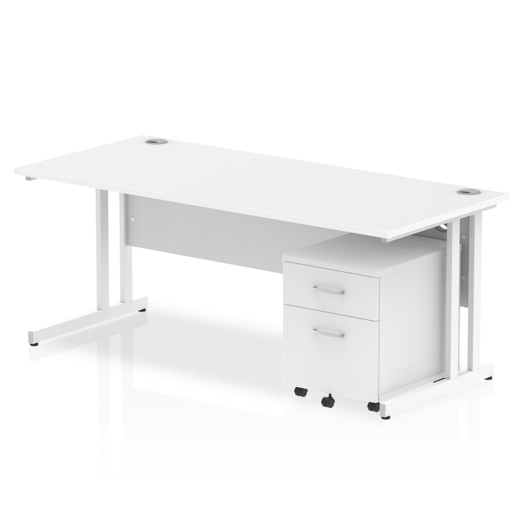 White office desk with a matching pedestal unit and a metal frame on a white background