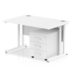 White office desk with a matching pedestal unit and a metal frame on a white background