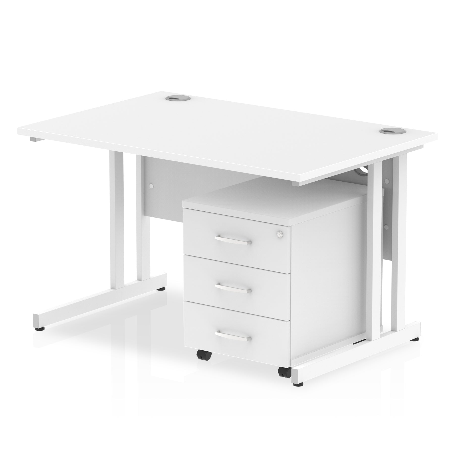 White office desk with a matching pedestal unit and a metal frame on a white background
