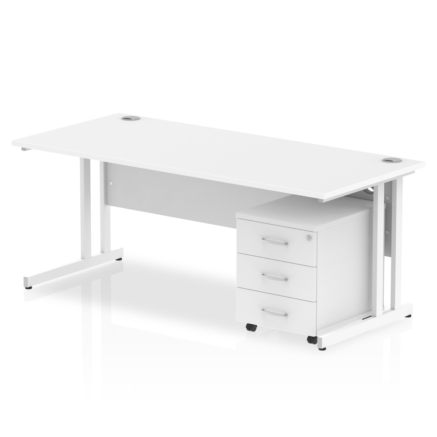 White office desk with a matching pedestal unit and a metal frame on a white background