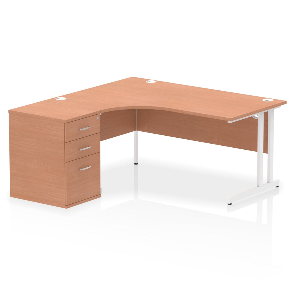 Wood-effect L-shaped desk with metal legs on a white background