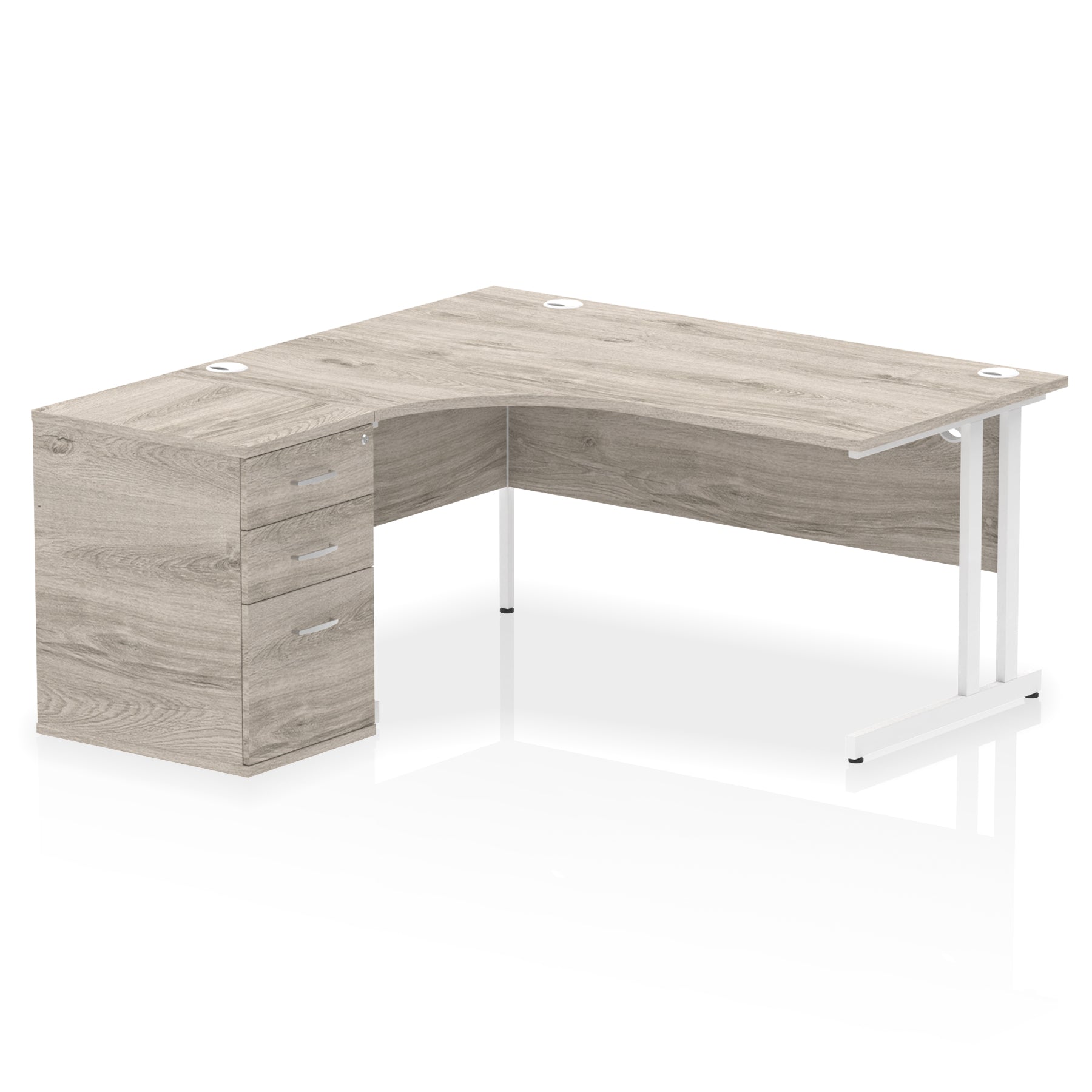 Grey wood-effect L-shaped desk with metal legs on a white background