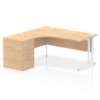 Wood-effect L-shaped desk with metal legs on a white background