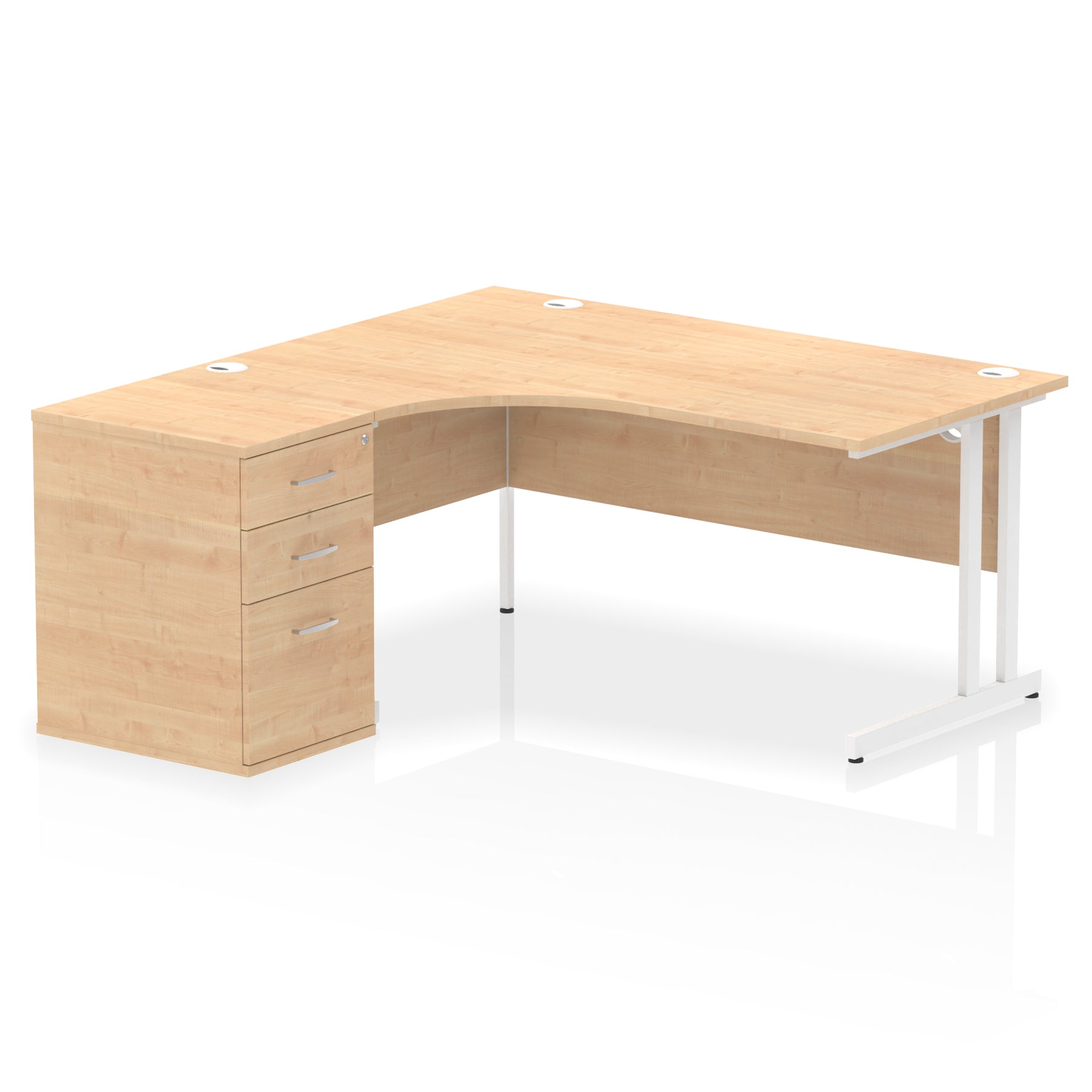 Wood-effect L-shaped desk with metal legs on a white background