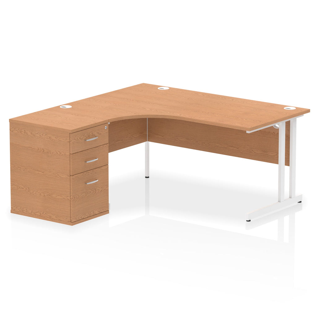 Wood-effect L-shaped desk with metal legs on a white background