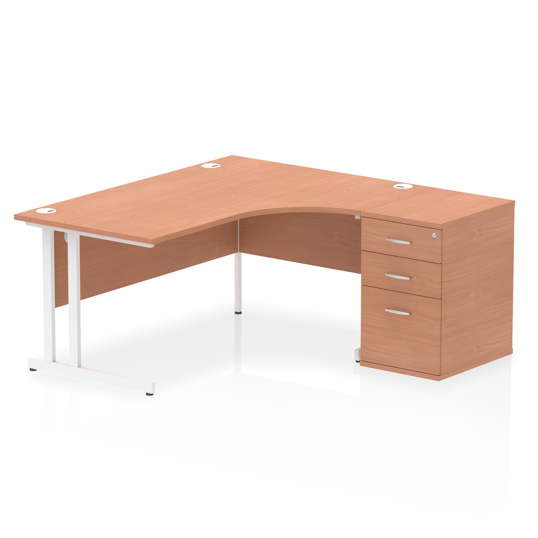 Wood-effect L-shaped desk with metal legs on a white background