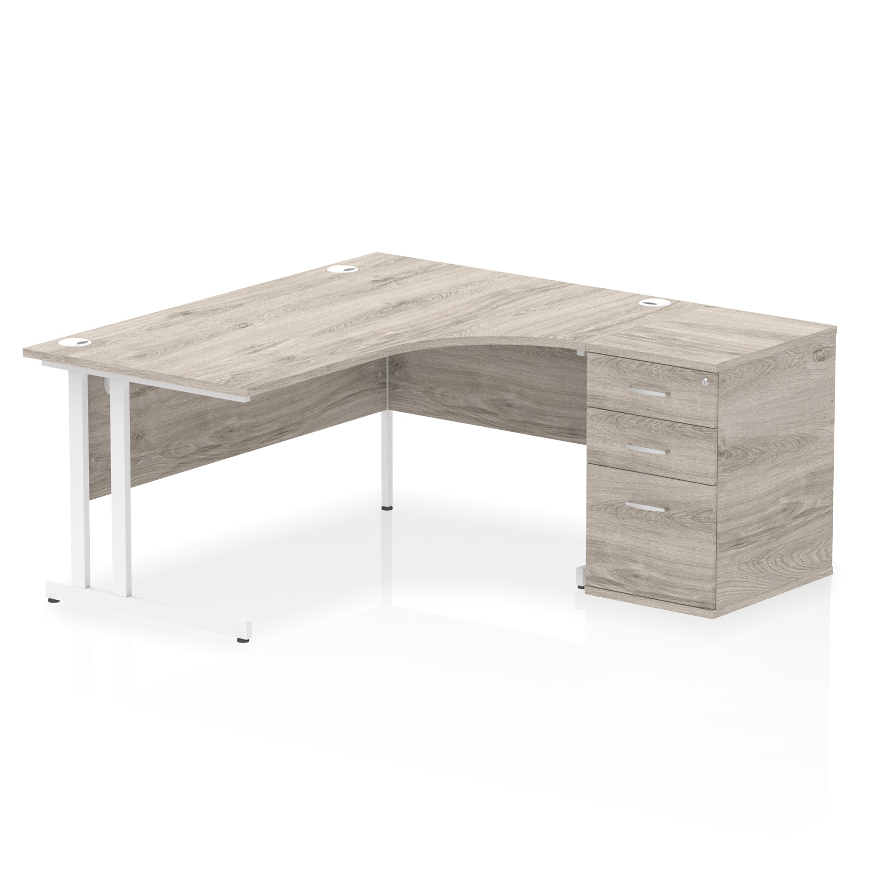 Wood-effect L-shaped desk with metal legs on a white background