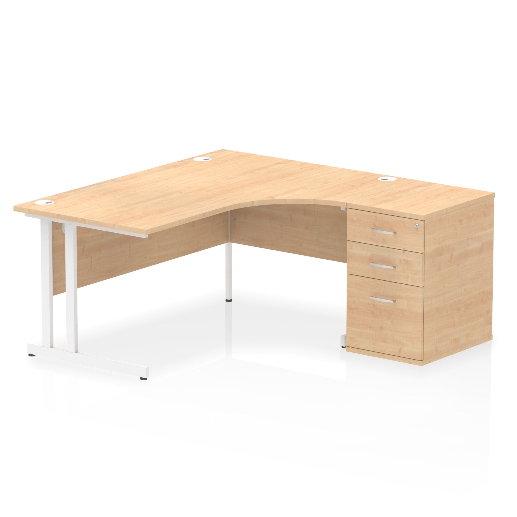 Wood-effect L-shaped desk with metal legs on a white background
