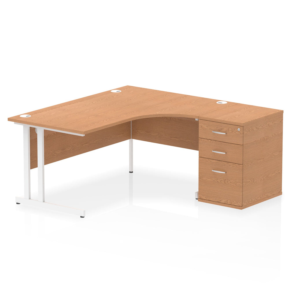 Wood-effect L-shaped desk with metal legs on a white background