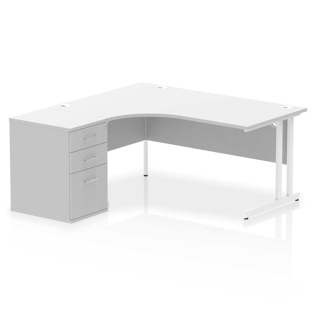 White L-shaped desk with metal legs on a white background