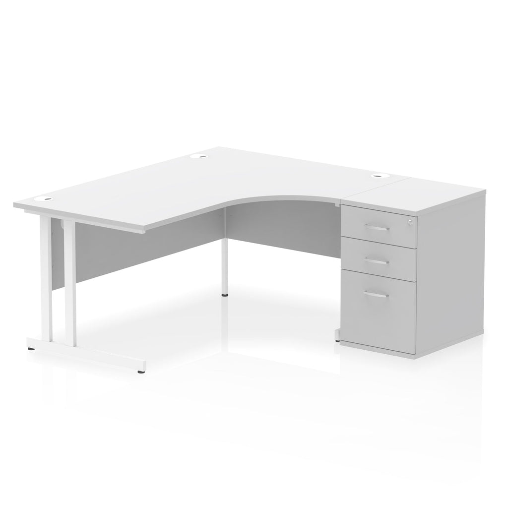 White L-shaped desk with metal legs on a white background