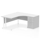 White L-shaped desk with metal legs on a white background