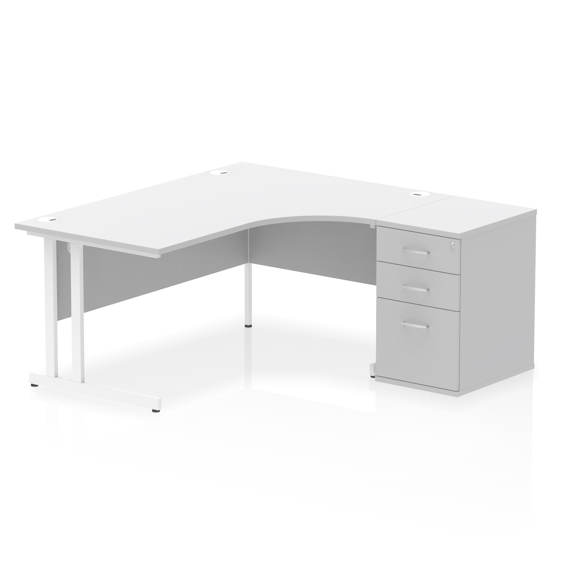 White L-shaped desk with metal legs on a white background