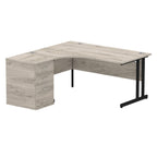 Wood-effect L-shaped desk with metal legs on a white background