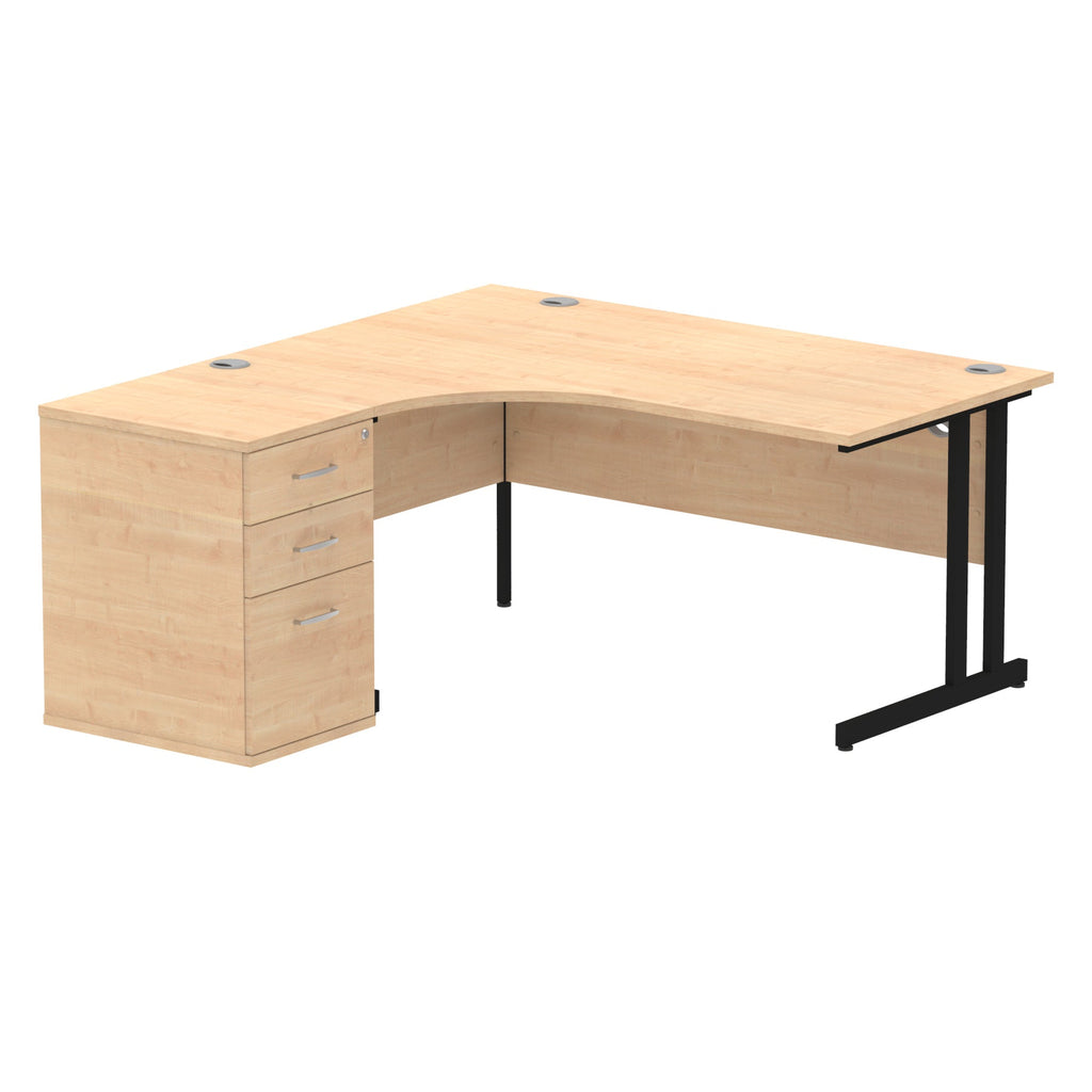 Wood-effect L-shaped desk with metal legs on a white background